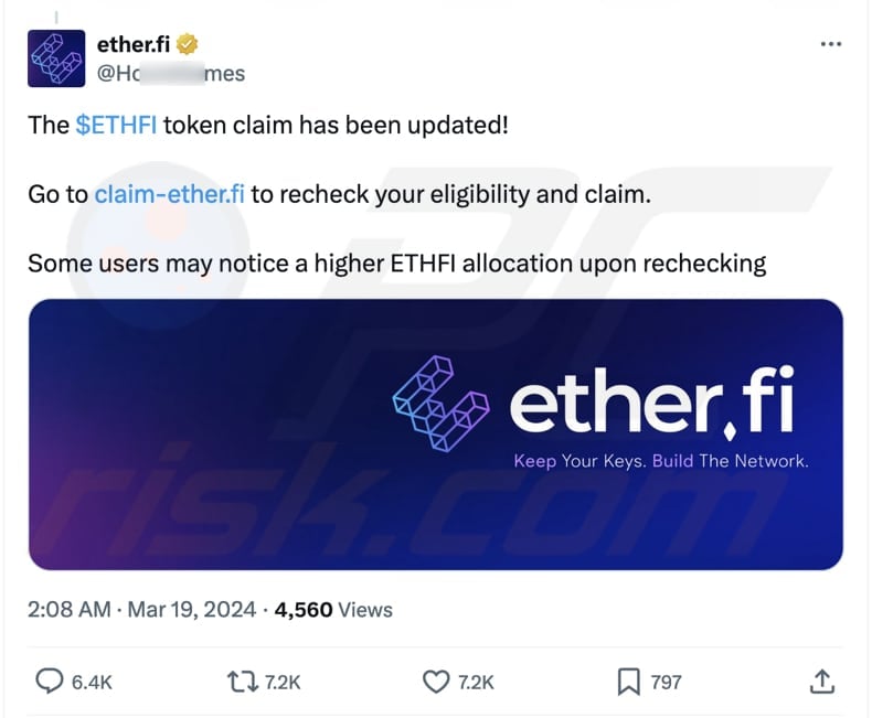 página falsa de ether.fi promocionada usando una cuenta falsa de ether.fi