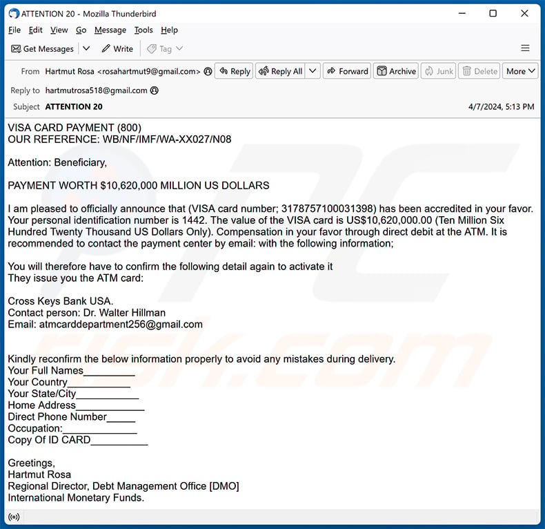 ATM Card estafa por correo electrónico (2024-04-08)