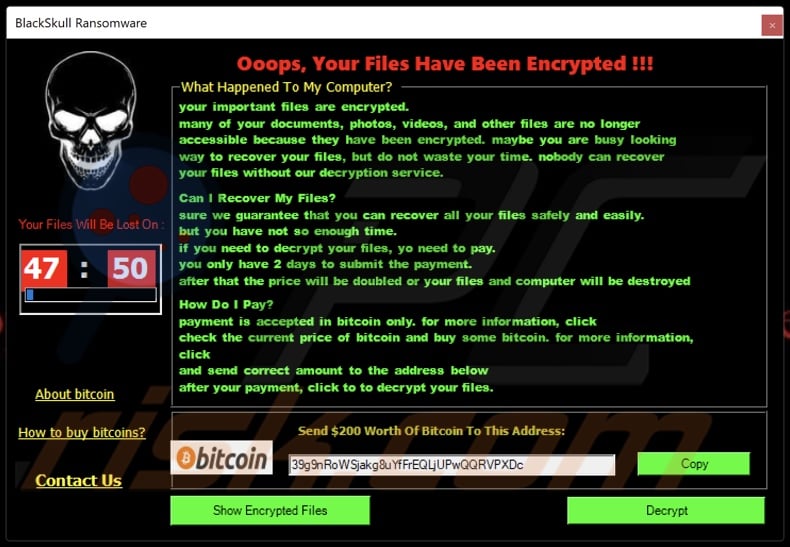 BlackSkull ransomware nota de rescate (pop-up)