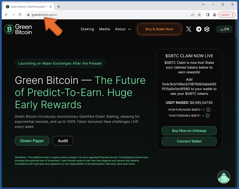 Aspecto de la plataforma Green Bitcoin real (greenbitcoin.xyz)