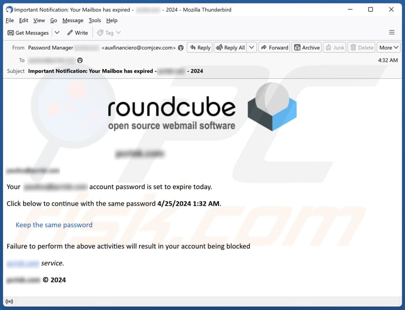 Roundcube Password Set To Expire campaña de spam por correo electrónico