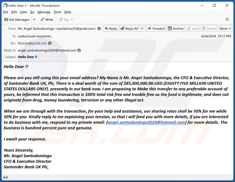 Santander Bank Deal campaña de spam por correo electrónico