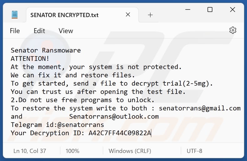 Senator ransomware archivo de texto (SENATOR ENCRYPTED.txt)
