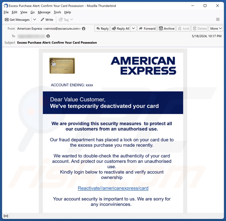 American Express Card Deactivation campaña de spam por correo electrónico