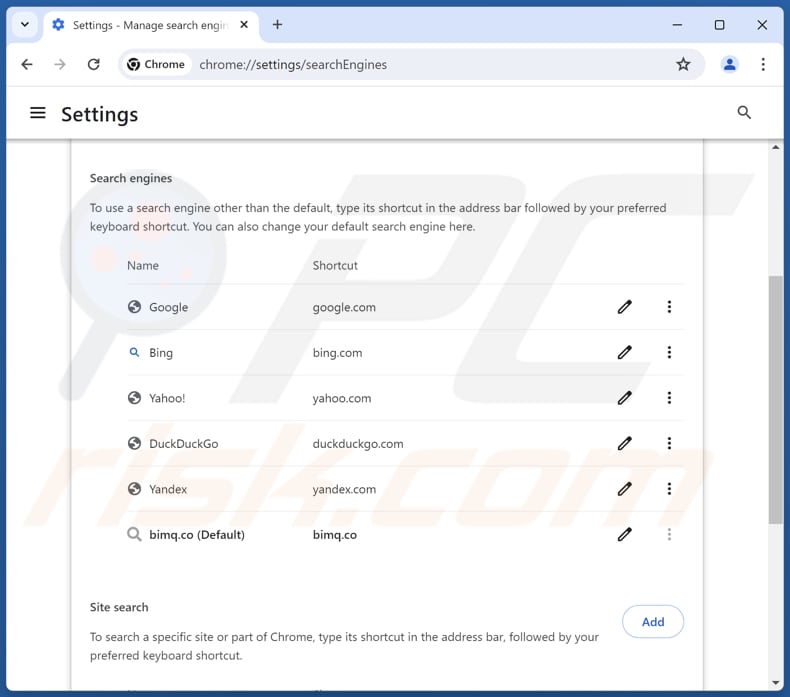 Eliminación de bimq.co del motor de búsqueda predeterminado de Google Chrome