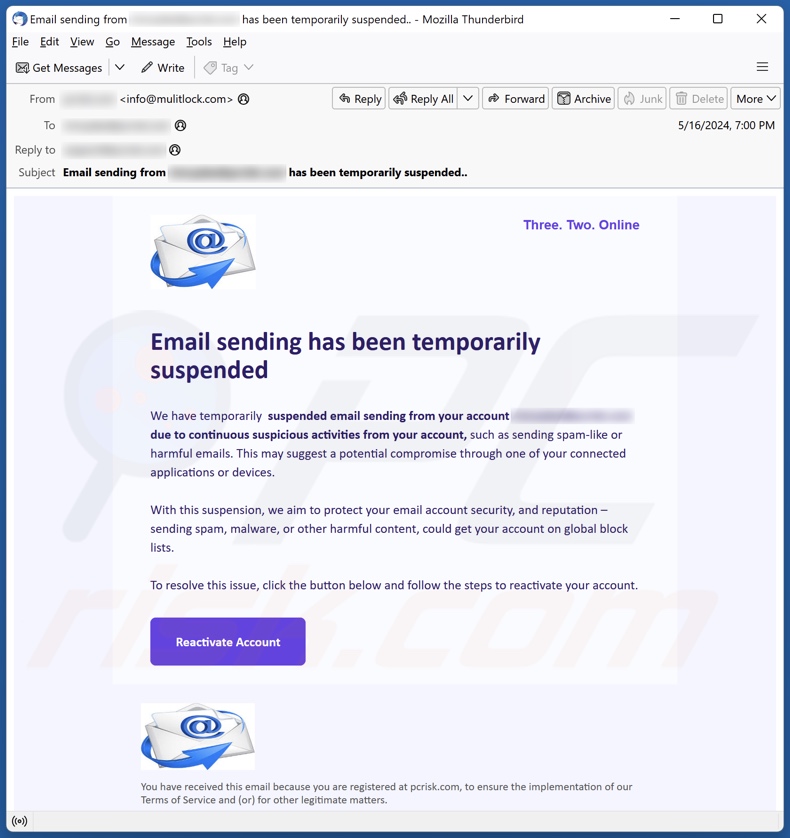 Email Sending Has Been Temporarily Suspended campaña de spam por correo electrónico