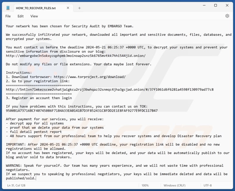 EMBARGO ransomware archivo de texto (HOW_TO_RECOVER_FILES.txt)