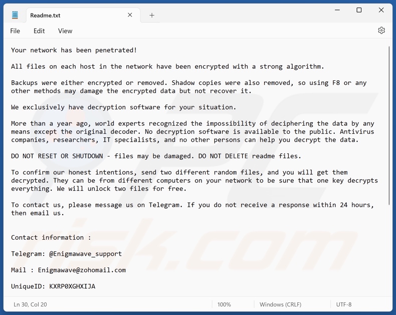 EnigmaWave ransomware nota de rescate (Readme.txt)
