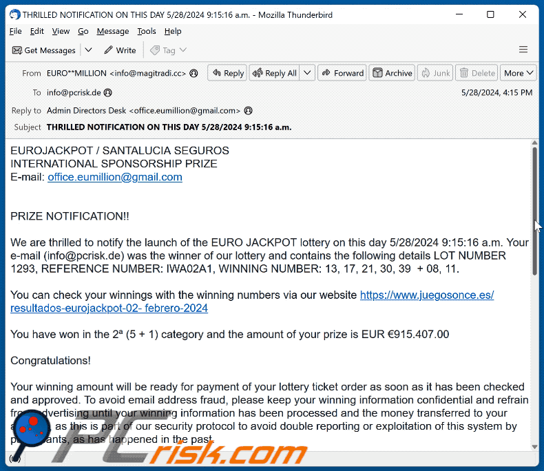 EUROJACKPOT aparición de correo electrónico fraudulento (GIF)