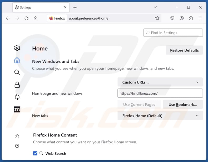 Eliminar findflarex.com de la página de inicio de Mozilla Firefox