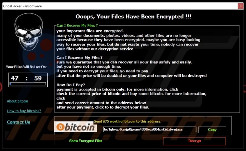 GhosHacker ransomware ransom note (pop-up)