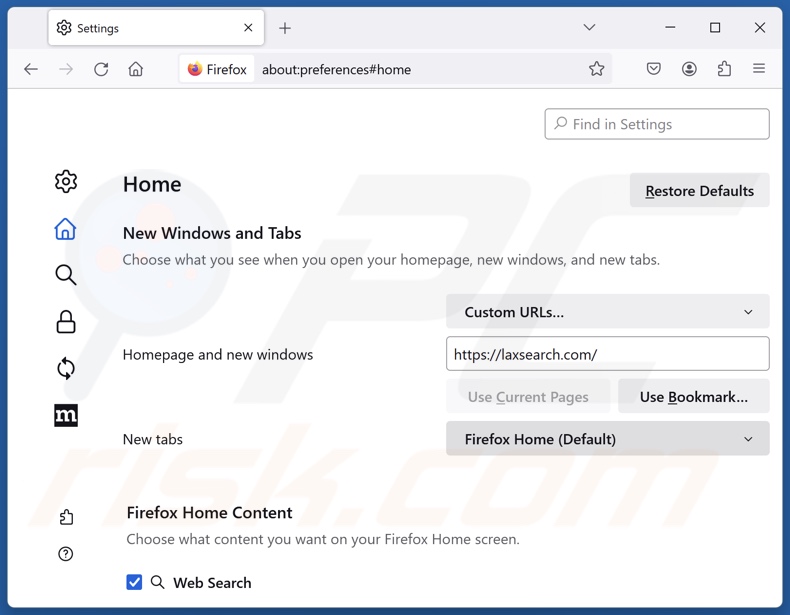 Eliminar laxsearch.com de la página de inicio de Mozilla Firefox