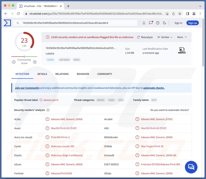 Detecciones del adware Lobelia en VirusTotal