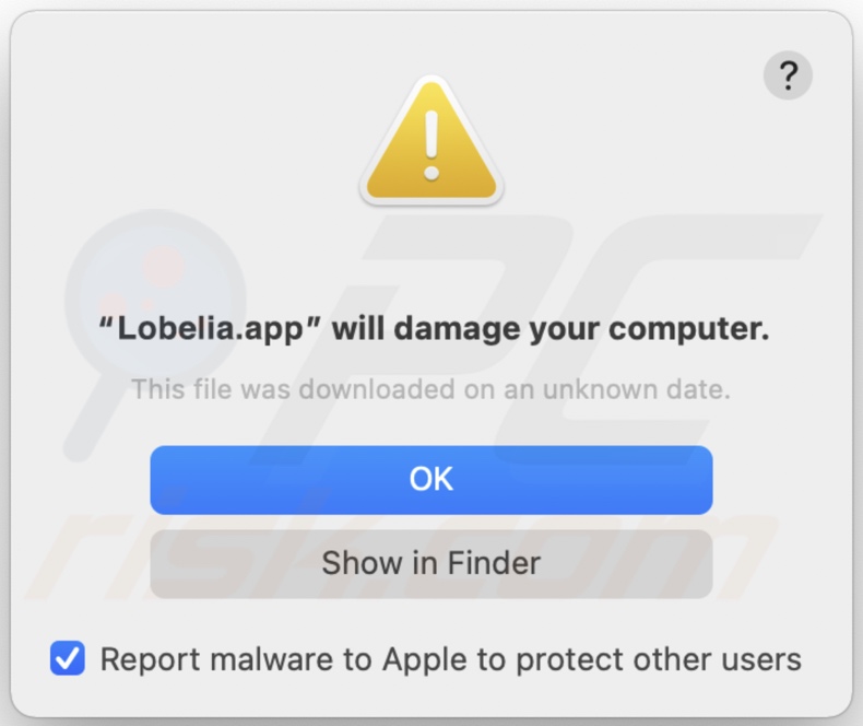 Ventana emergente que aparece cuando se detecta el adware Lobelia en el sistema