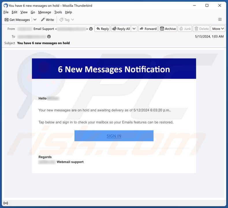 New Messages Notification campaña de spam por correo electrónico