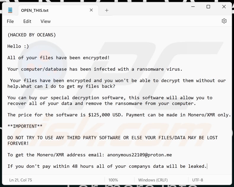 Archivo de texto del ransomware OCEANS (OPEN_THIS.txt)