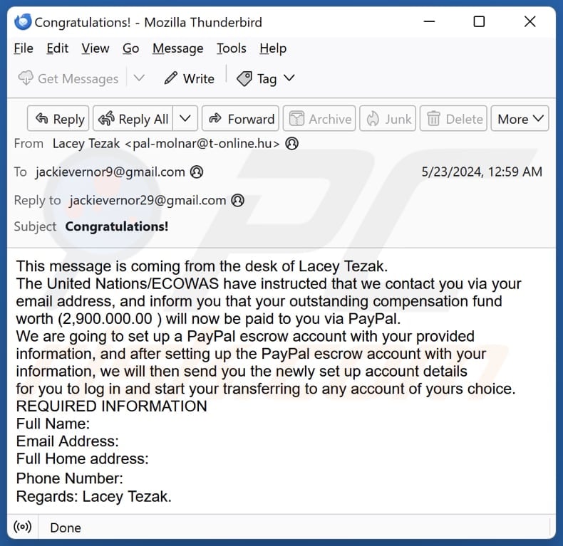 PayPal Escrow Account campaña de spam por correo electrónico