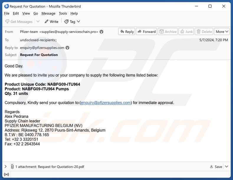 Pfizer Supply Email Scam cuarta variante