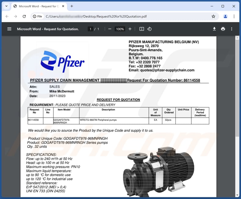 Pfizer Supply Email Scam phishing PDF quinta variante