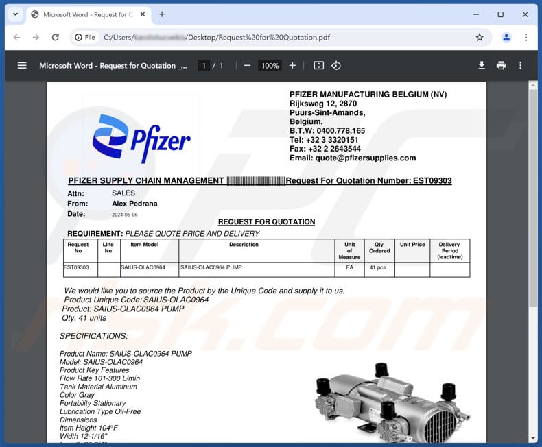 Pfizer Supply Email phishing PDF tercera variante