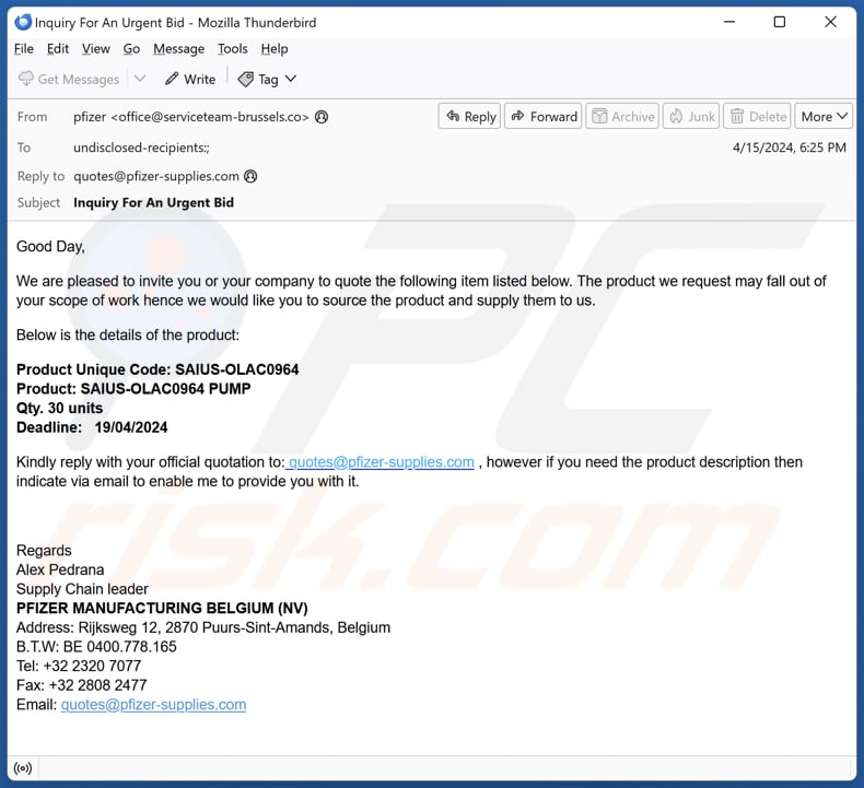 Pfizer Supply Email Scam segunda variante