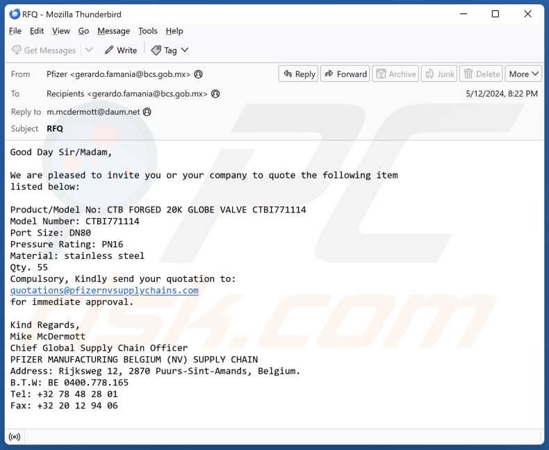 Pfizer Supply Estafa por correo electrónico sexta variante
