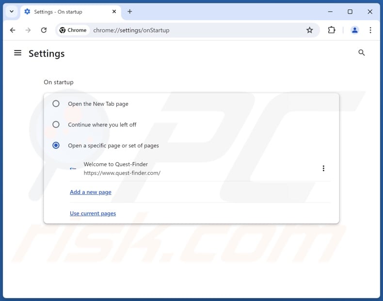 Eliminar quest-finder.com de la página principal de Google Chrome