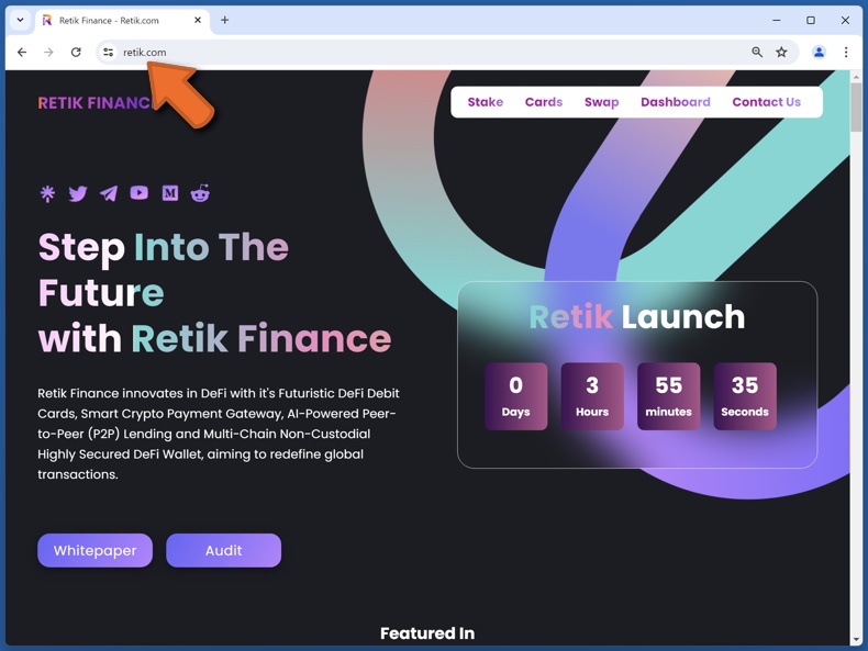 Aspecto del sitio web real de Retik Finance (retik.com)