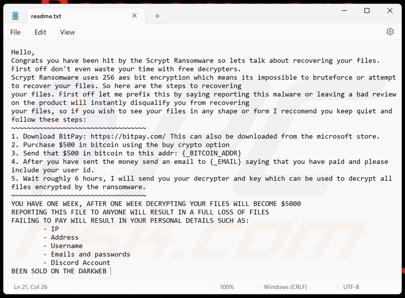 Scrypt ransomware nota de rescate (readme.txt)