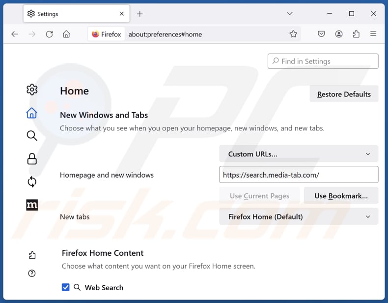 Eliminar search.media-tab.com de la página de inicio de Mozilla Firefox