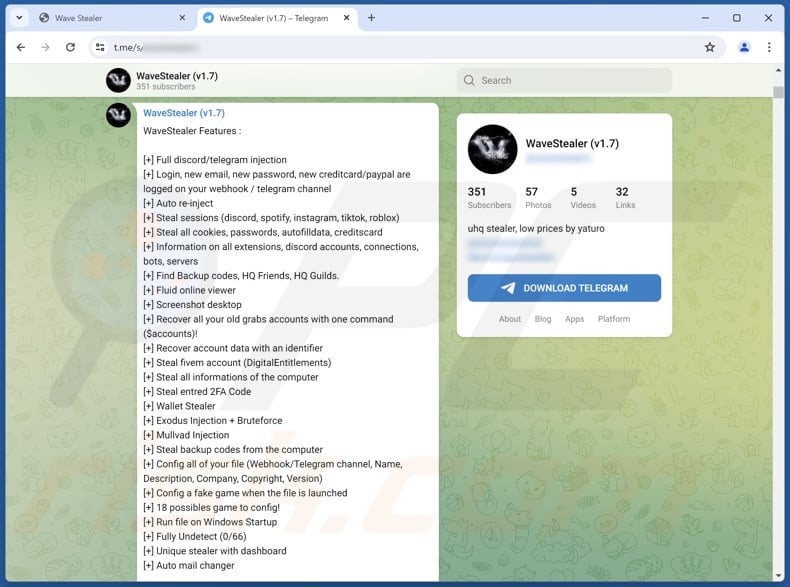El malware WaveStealer se promociona en Telegram