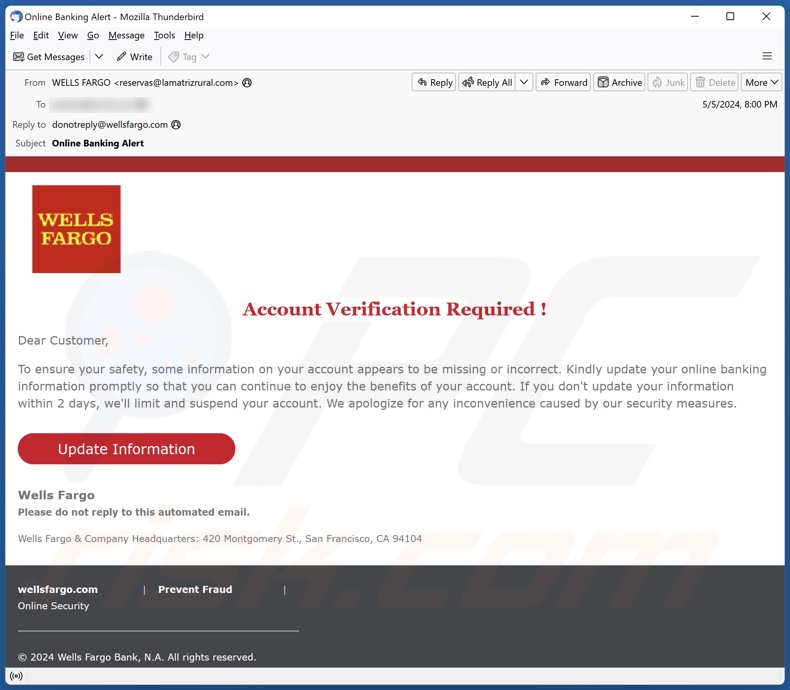 Wells Fargo - Account Verification Required campaña de spam por correo electrónico