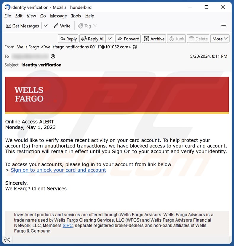 Wells Fargo - Card Activity Verification campaña de spam por correo electrónico