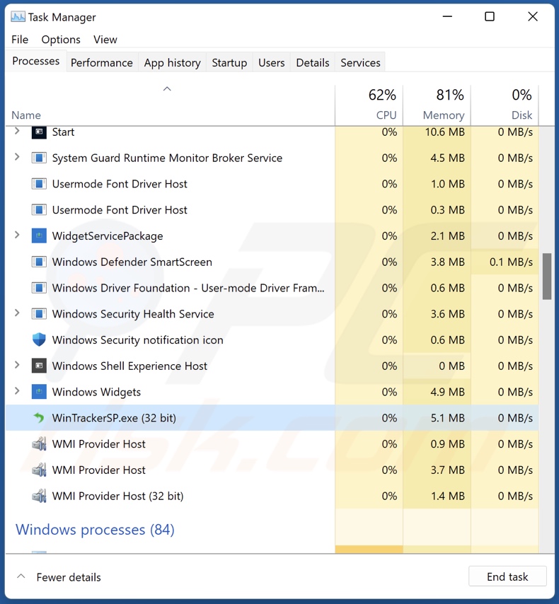 WinTrackerSP PUA en el Administrador de Tareas (WinTrackerSP.exe - nombre del proceso)