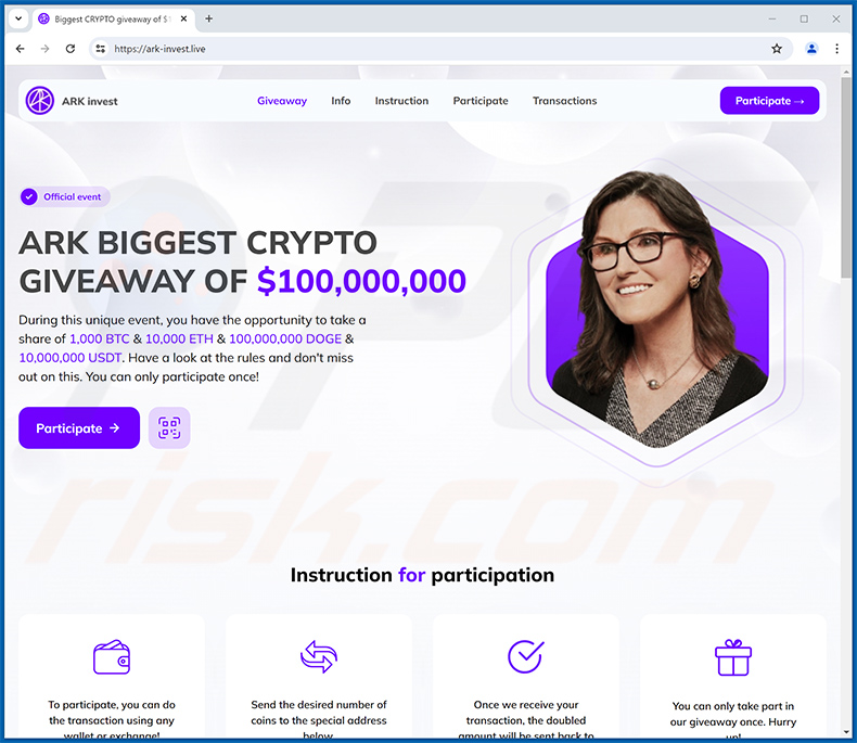 ARK Invest Crypto Giveaway estafa - ark-invest[.]live