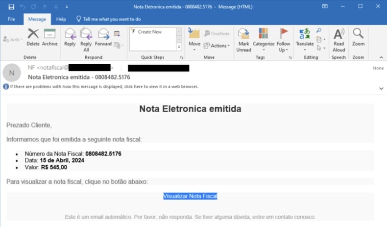 Adjunto malicioso que contiene un enlace a una página web falsa que aloja CarnavalHeist (fuente: Talos Intelligence):