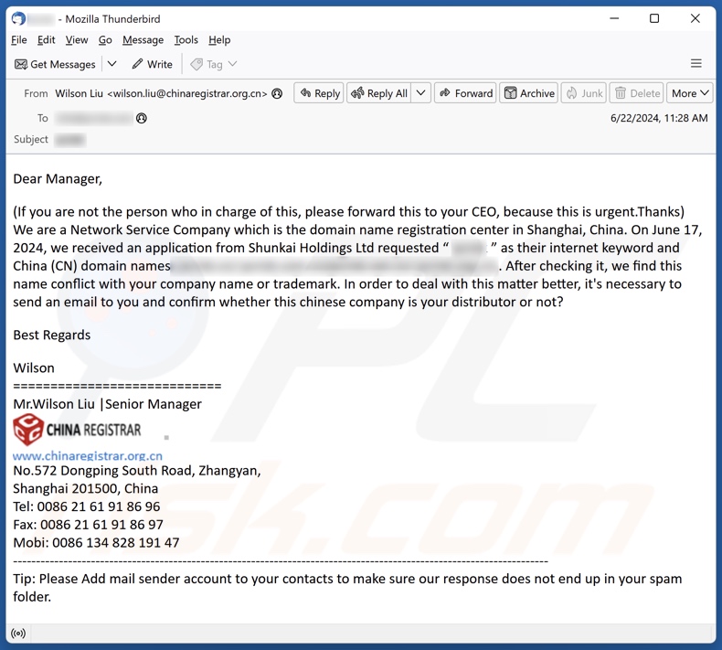 Conflict With Your Company Name Or Trademark campaña de spam por correo electrónico