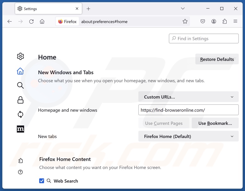 Eliminar find-browseronline.com de la página de inicio de Mozilla Firefox