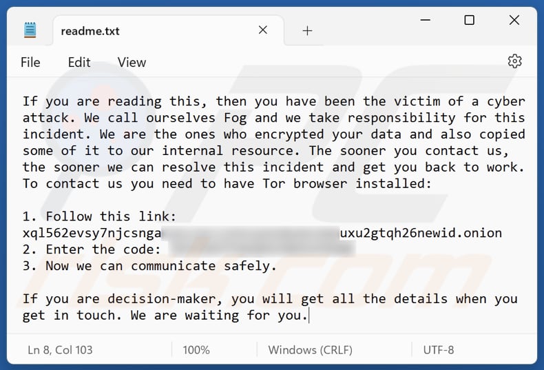 Fog ransomware archivo de texto (readme.txt)