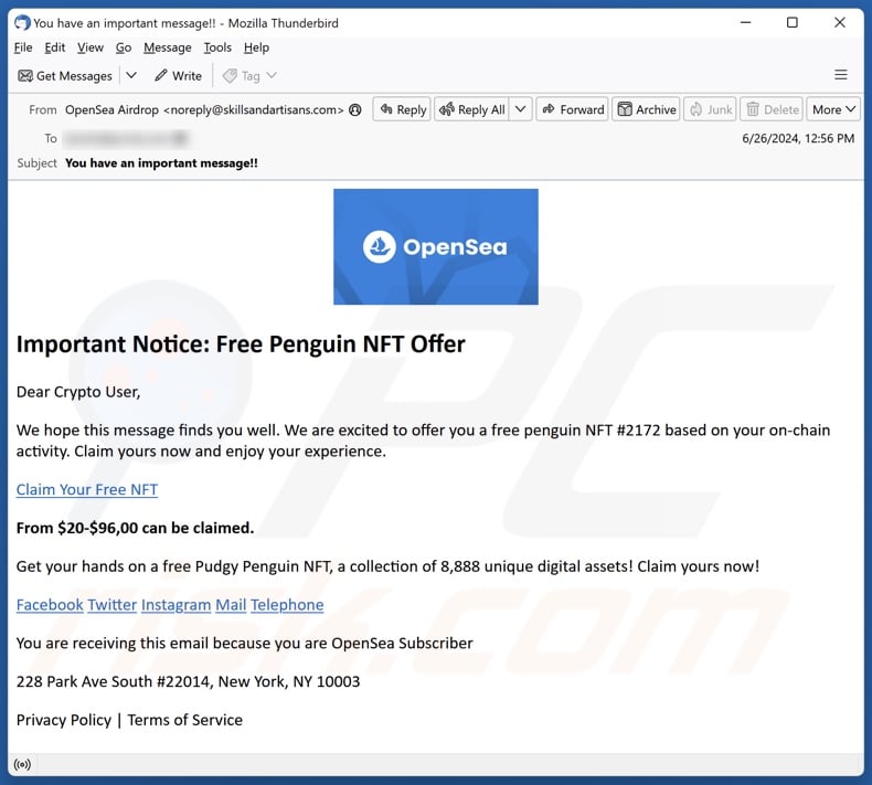 Aparición del correo spam que apoya la estafa Free Penguin NFT