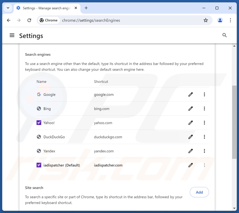 Eliminación de iadispatcher.com del motor de búsqueda predeterminado de Google Chrome