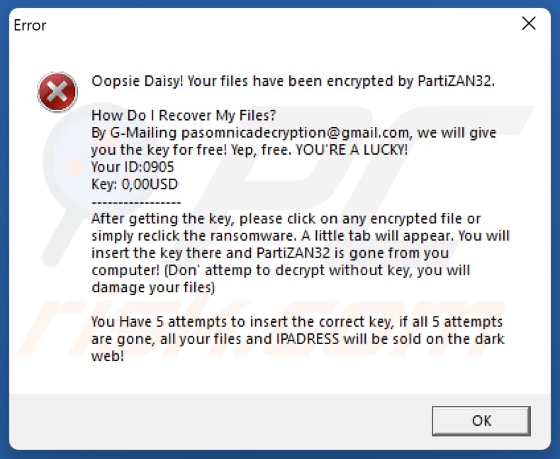 PartiZAN32 ransomware ventana de error