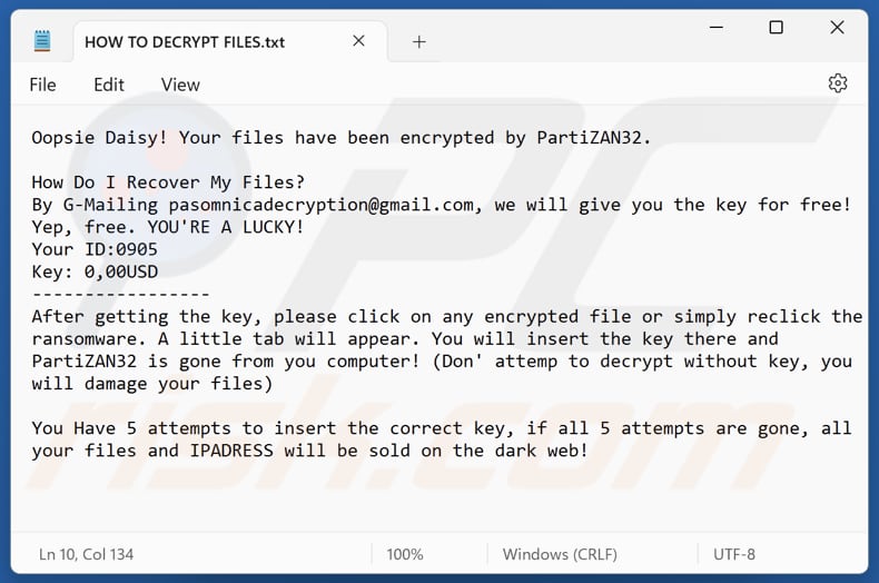 PartiZAN32 ransomware archivo de texto (HOW TO DECRYPT FILES.txt)