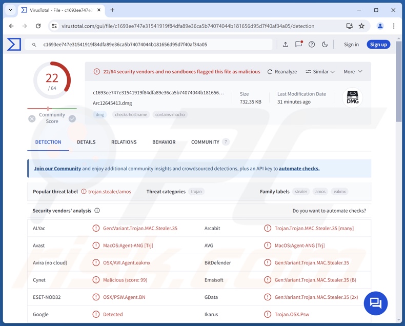 Poseidon malware Detecciones de VirusTotal