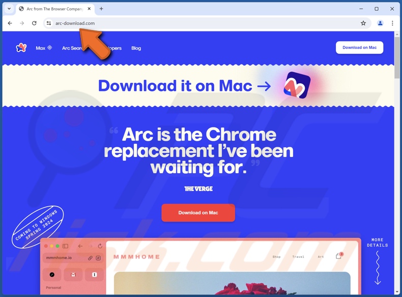 Sitio web engañoso que difunde el malware Poseidon (señuelo de descarga del navegador Arc)