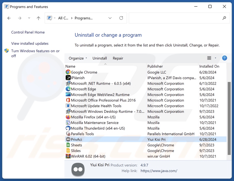 Desinstalación de PrivAci a través del Panel de control