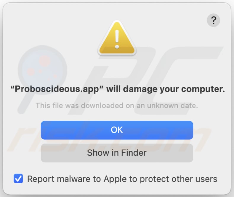 Proboscideous.app adware advertencia antes de la instalación