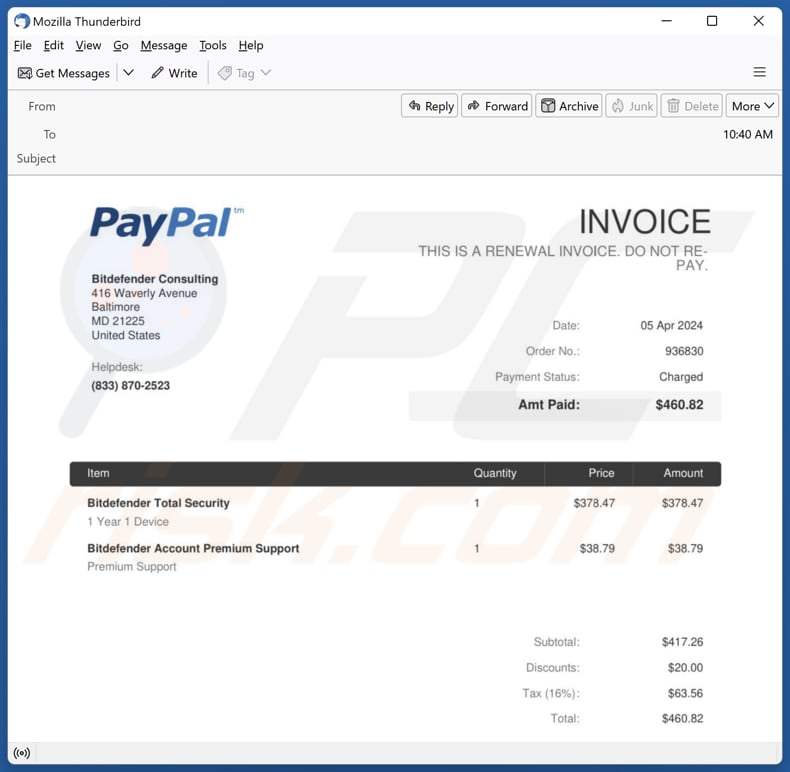 Bitdefender Subscription Renewal Email Scam segunda variante
