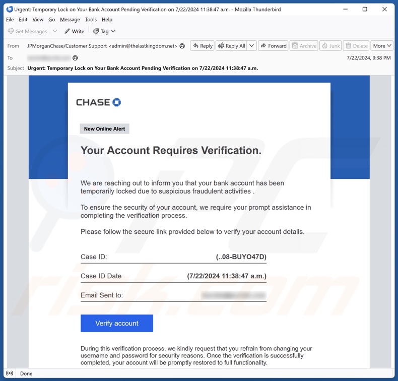 Chase - Account Verification campaña de spam por correo electrónico