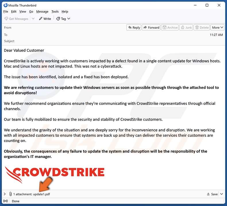 CrowdStrike correo electrónico estafa difusión PDF que se propaga datos wiper